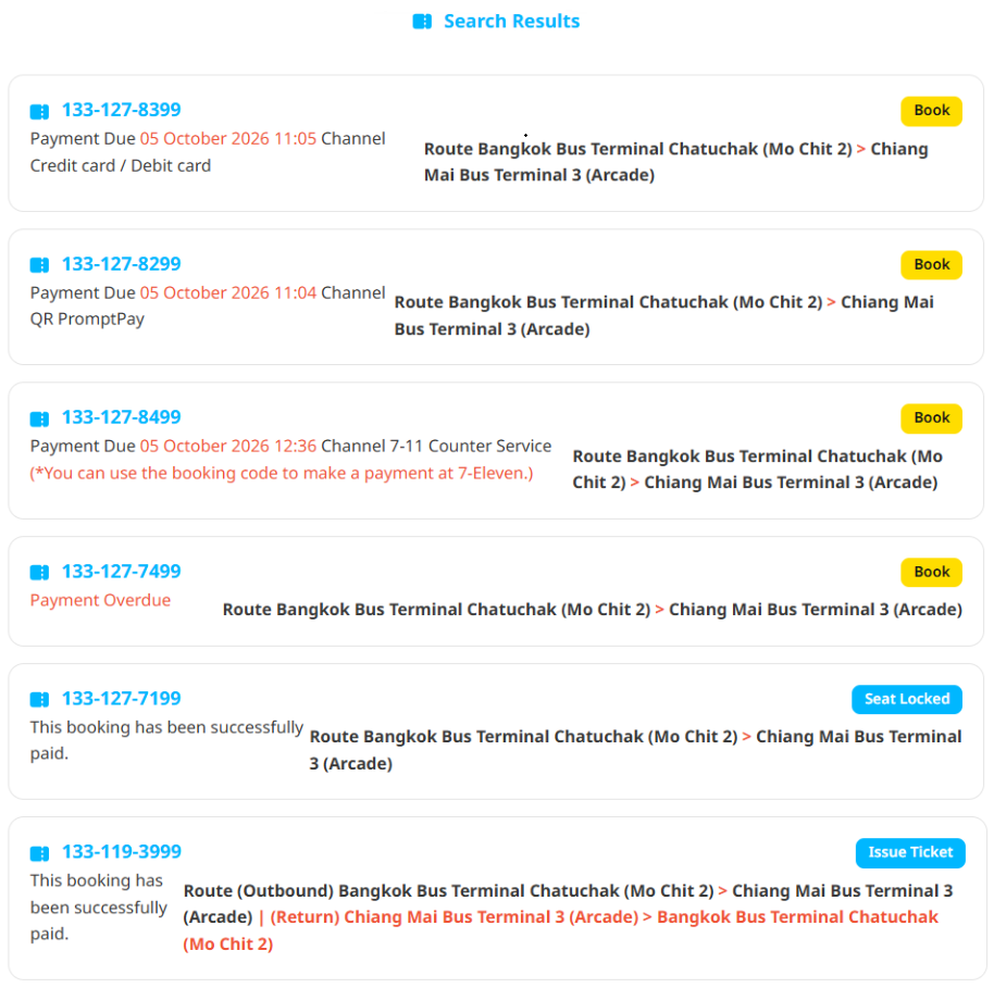 Example of Ticket Booking Status
